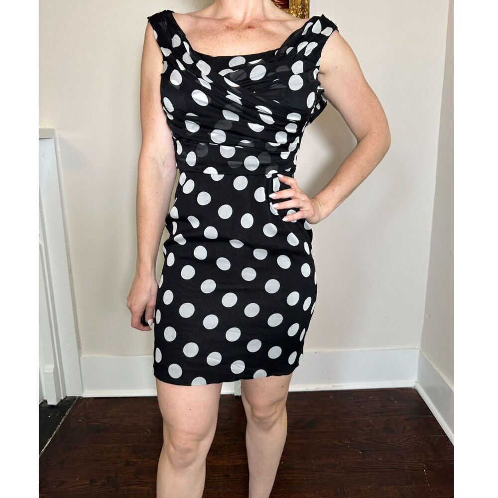 Dolce & Gabbana Black Polka Dot Silk Draped Sleeveless Short Dress US Size 6 - Picture 2 of 7